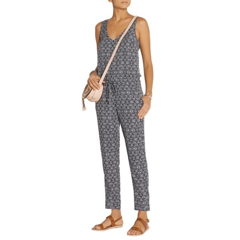 Splendid Hingham‎ Sleeveless Floral Jumpsuit Size XS Navy White Twill Tie Waist